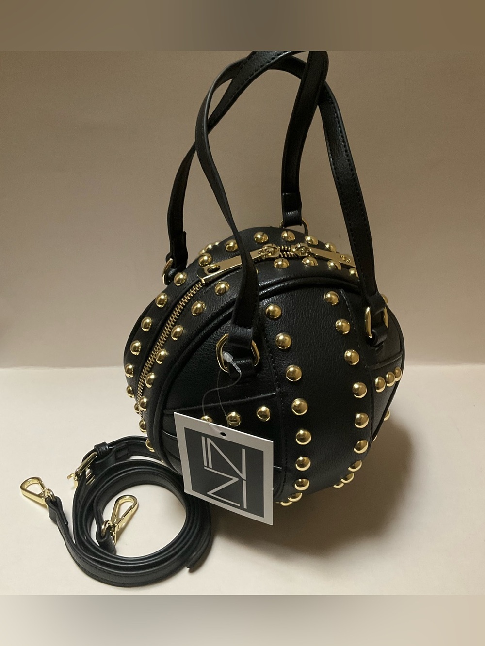 BBall Black & Gold-tone Handbag INZI Studded Black Round Crossbody Bag NWT